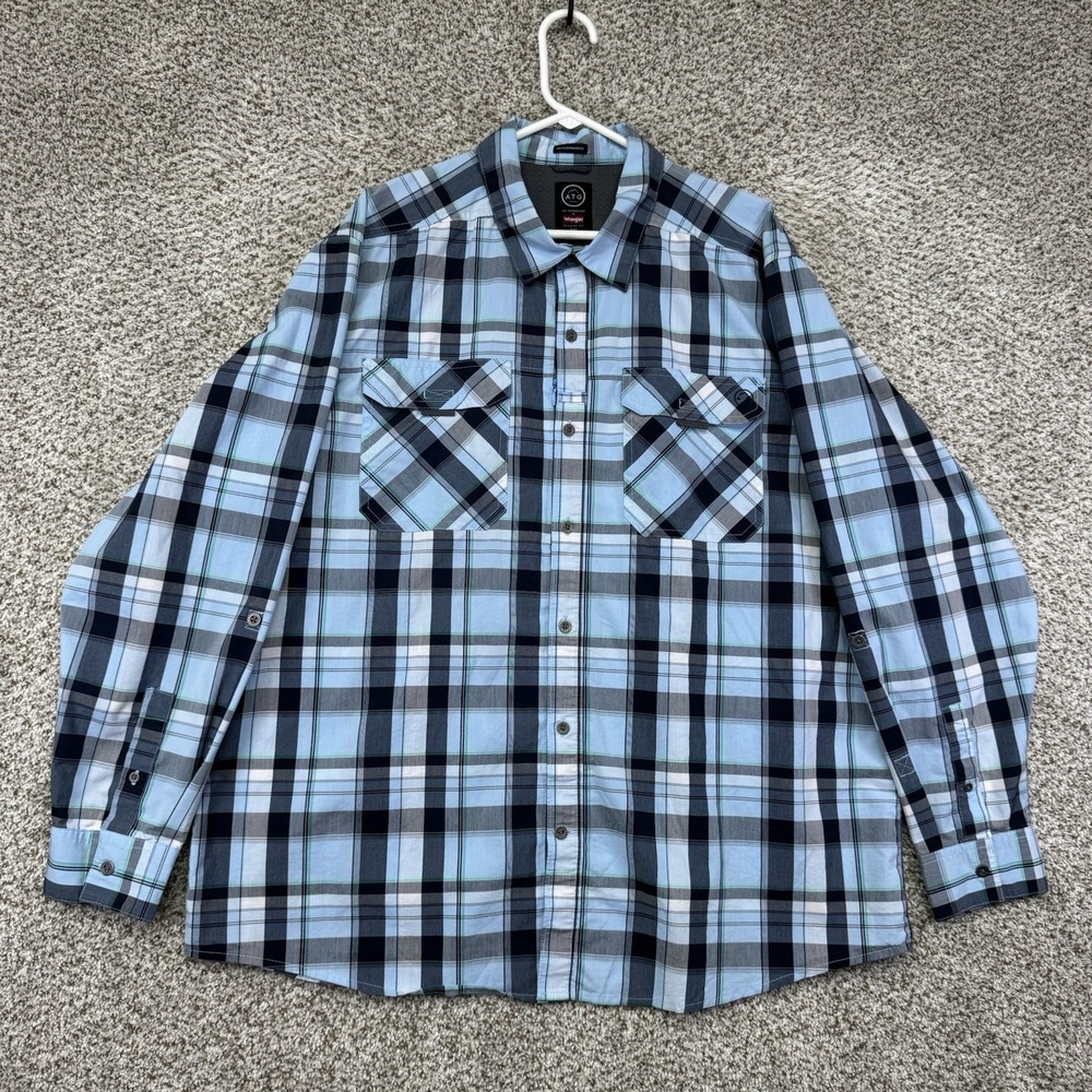 Wrangler ATG Shirt Men's Size 2XL XXL Blue Plaid Long Sleeve button Up Pockets